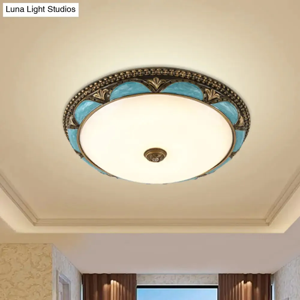 Antique-Style Blue Floral Ceiling Lamp - Cream Glass LED Bedroom Flush Mount