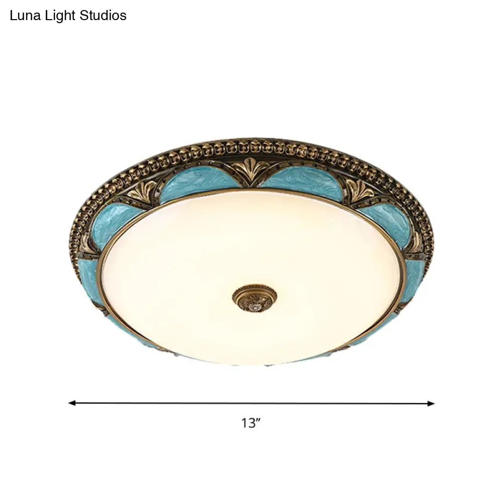 Antique-Style Blue Floral Ceiling Lamp - Cream Glass LED Bedroom Flush Mount