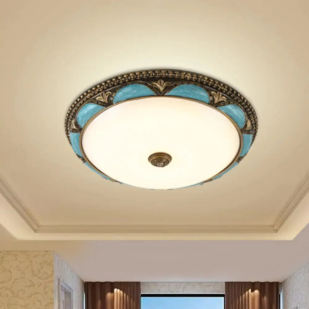 Antique-Style Blue Floral Ceiling Lamp - Cream Glass LED Bedroom Flush Mount