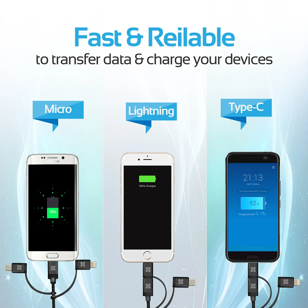 Apple MFi Trio-ended Charge and Sync Cable with Lightning, Type-C, and Micro-USB Connectors