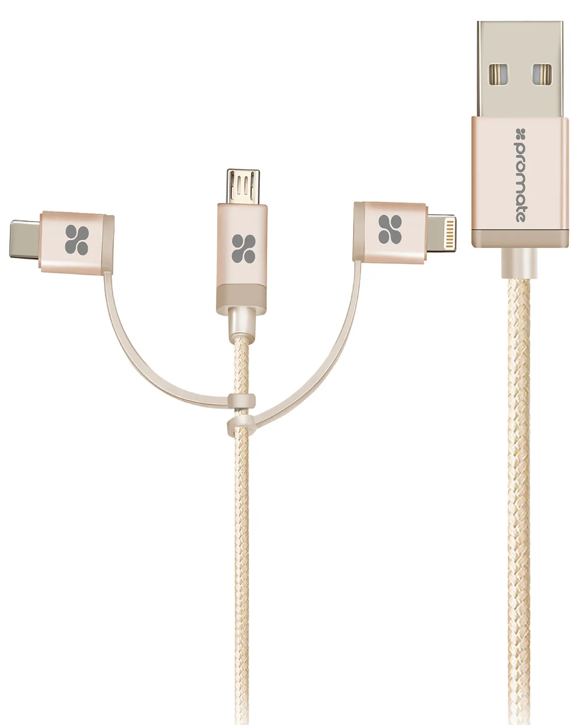 Apple MFi Trio-ended Charge and Sync Cable with Lightning, Type-C, and Micro-USB Connectors