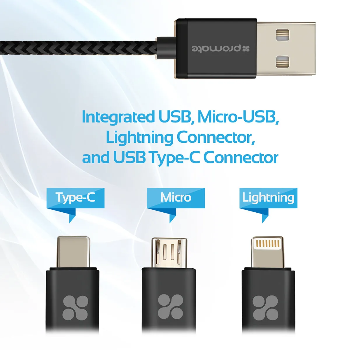 Apple MFi Trio-ended Charge and Sync Cable with Lightning, Type-C, and Micro-USB Connectors
