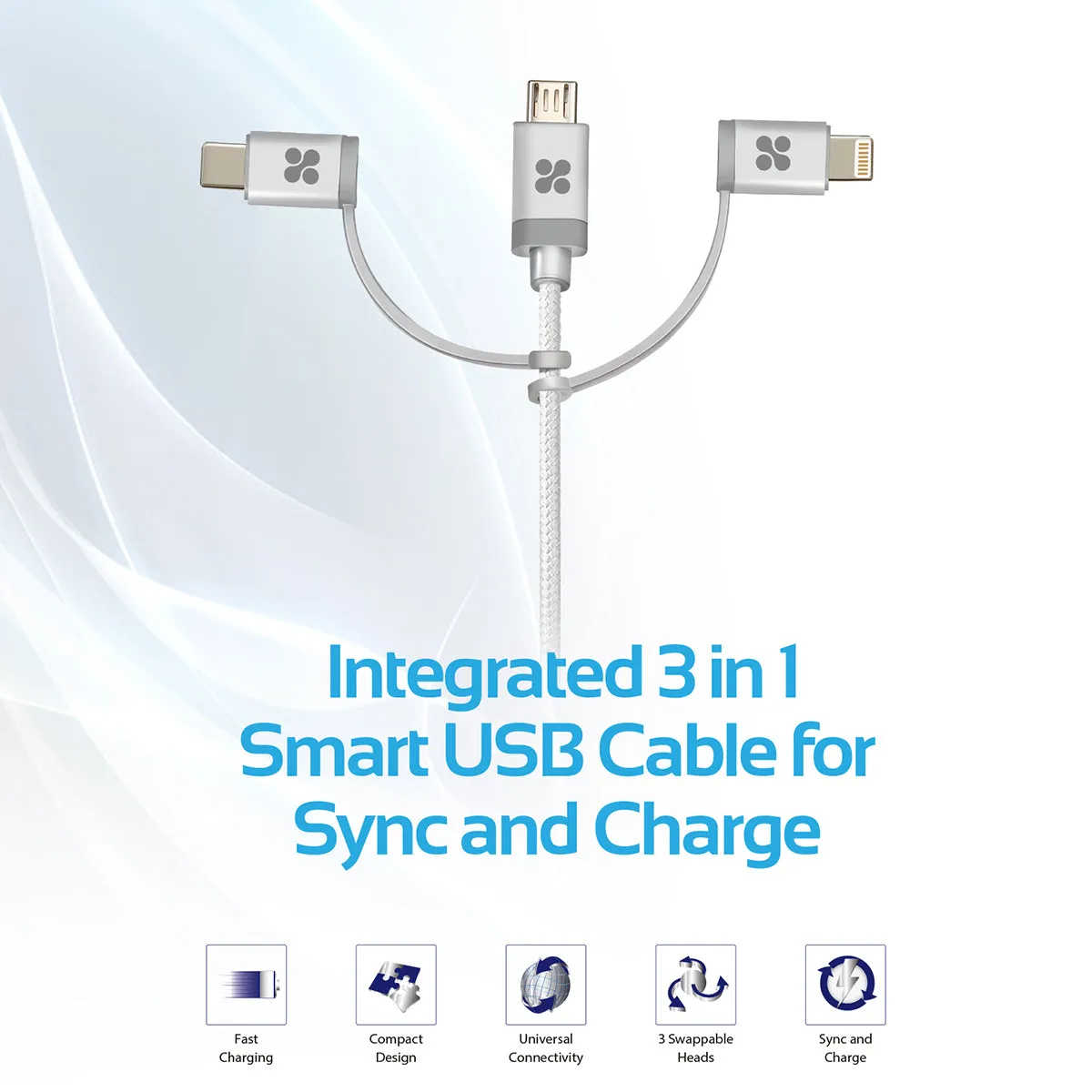 Apple MFi Trio-ended Charge and Sync Cable with Lightning, Type-C, and Micro-USB Connectors