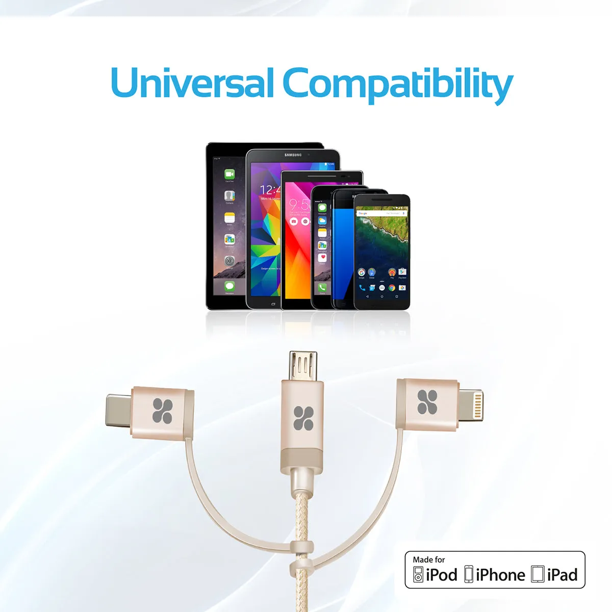 Apple MFi Trio-ended Charge and Sync Cable with Lightning, Type-C, and Micro-USB Connectors