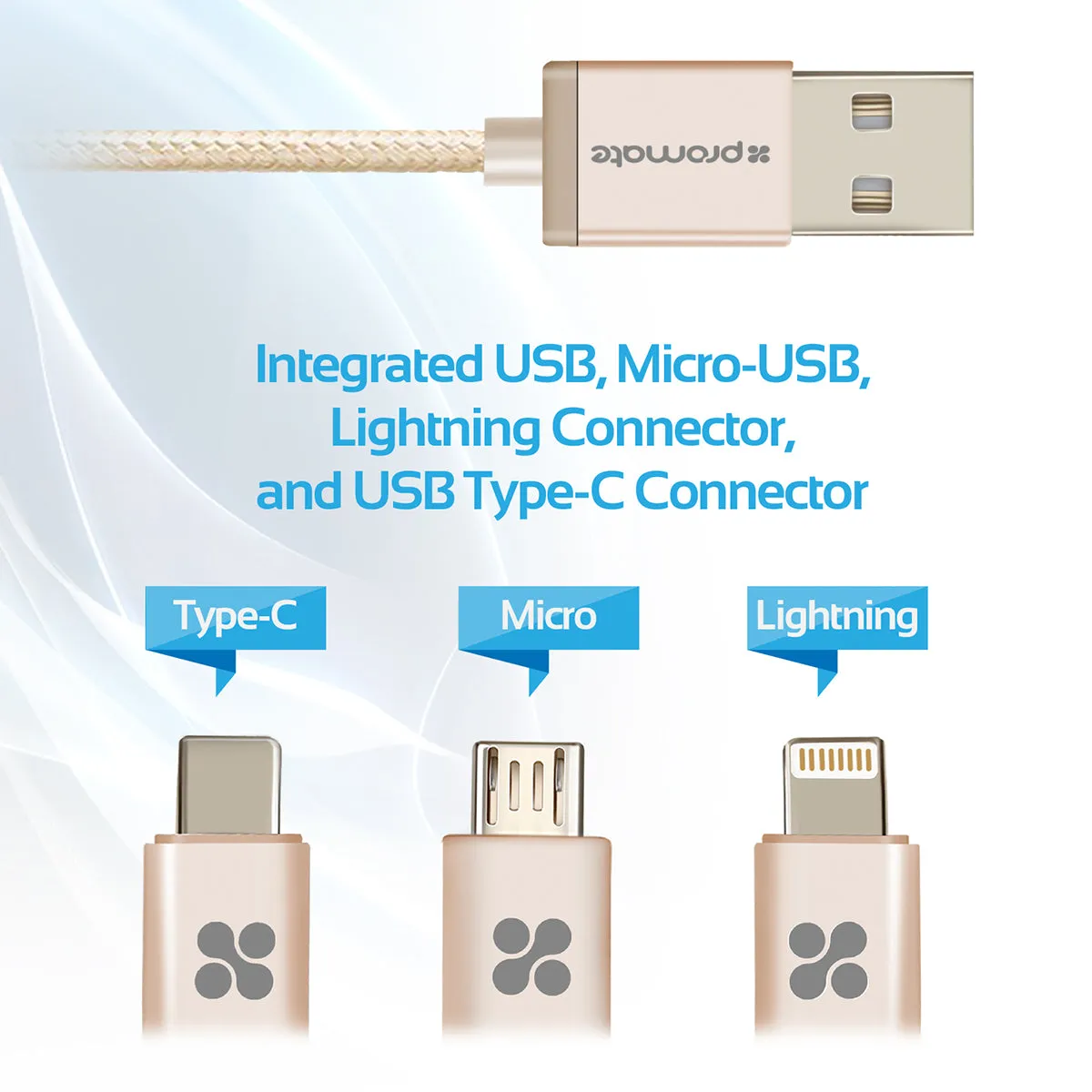 Apple MFi Trio-ended Charge and Sync Cable with Lightning, Type-C, and Micro-USB Connectors