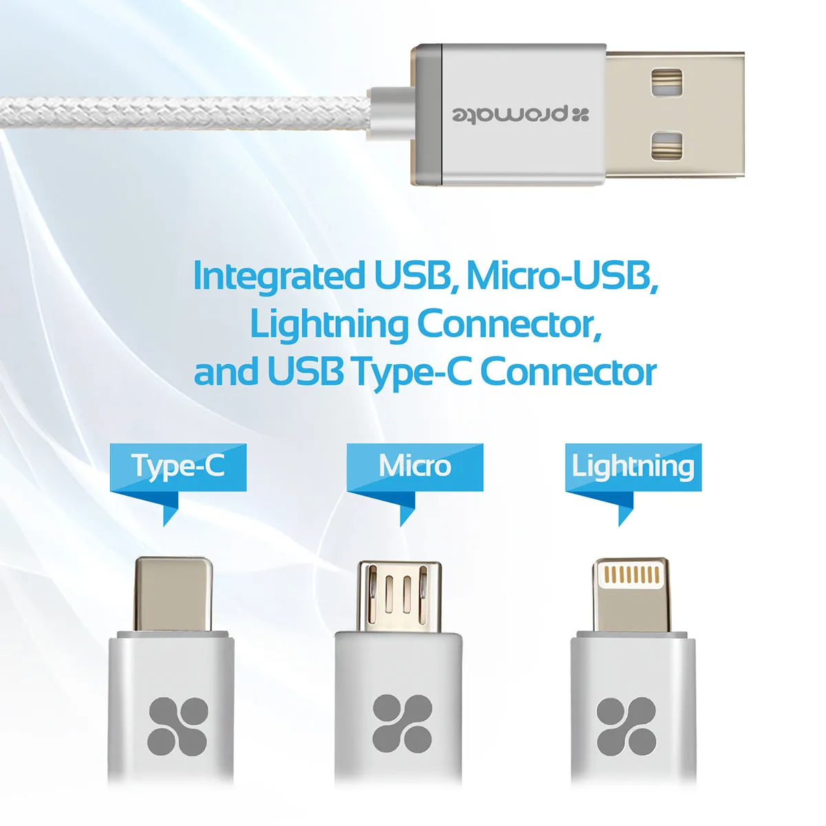 Apple MFi Trio-ended Charge and Sync Cable with Lightning, Type-C, and Micro-USB Connectors