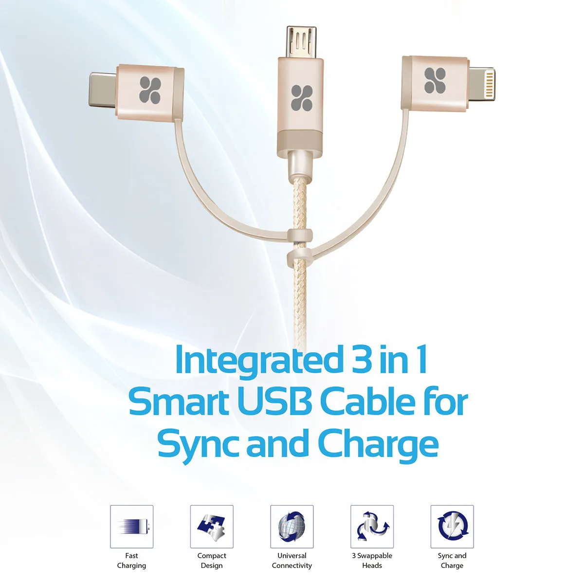 Apple MFi Trio-ended Charge and Sync Cable with Lightning, Type-C, and Micro-USB Connectors