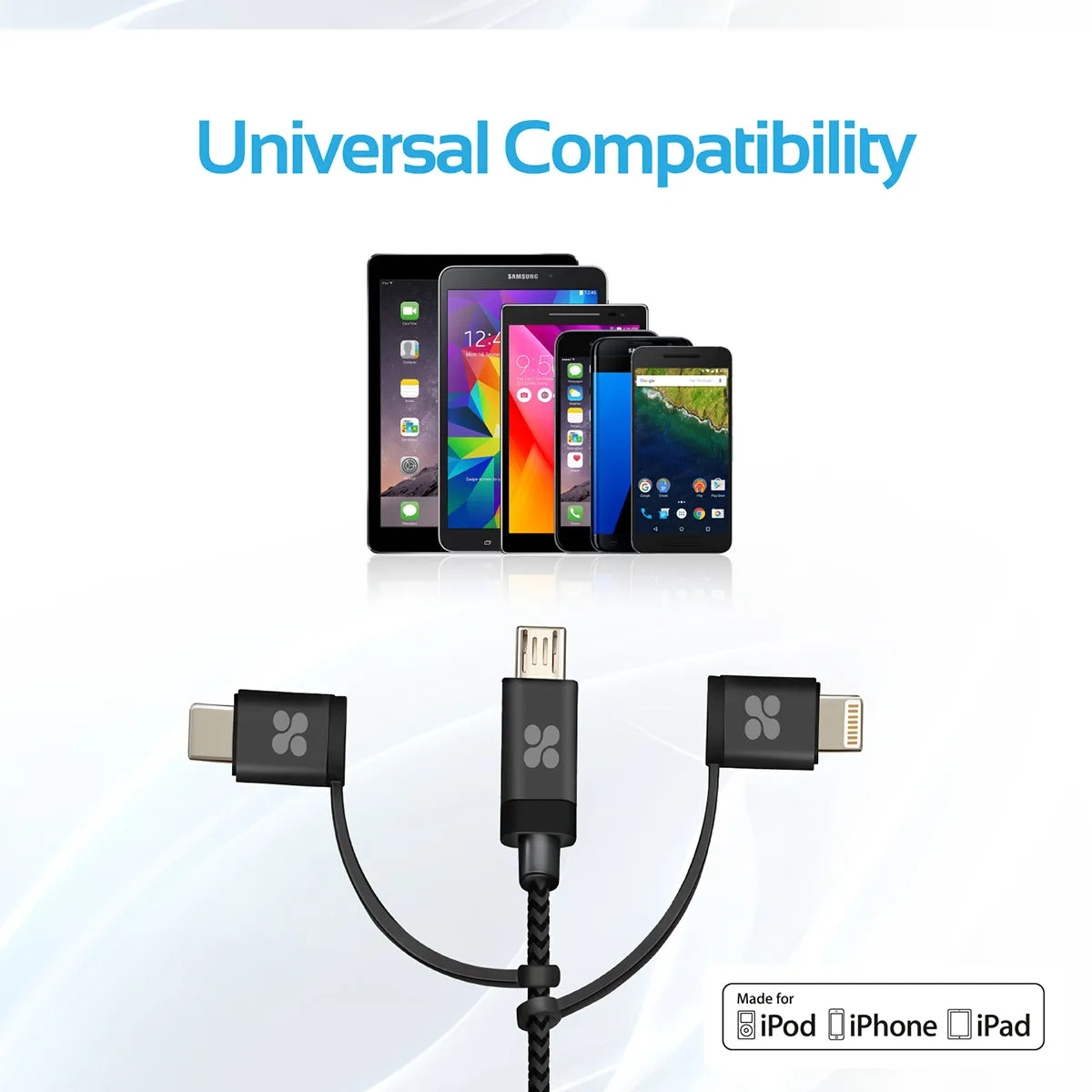 Apple MFi Trio-ended Charge and Sync Cable with Lightning, Type-C, and Micro-USB Connectors