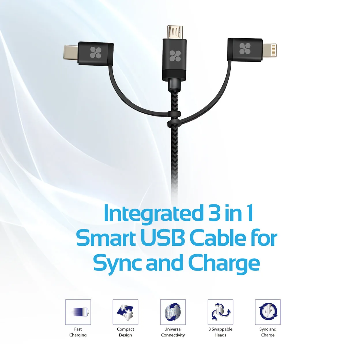 Apple MFi Trio-ended Charge and Sync Cable with Lightning, Type-C, and Micro-USB Connectors