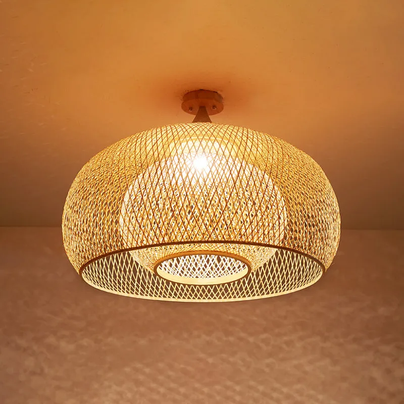 Bamboo Criss-Cross Ceiling Lamp: Asian Wood Flush Mount Light for Bedroom