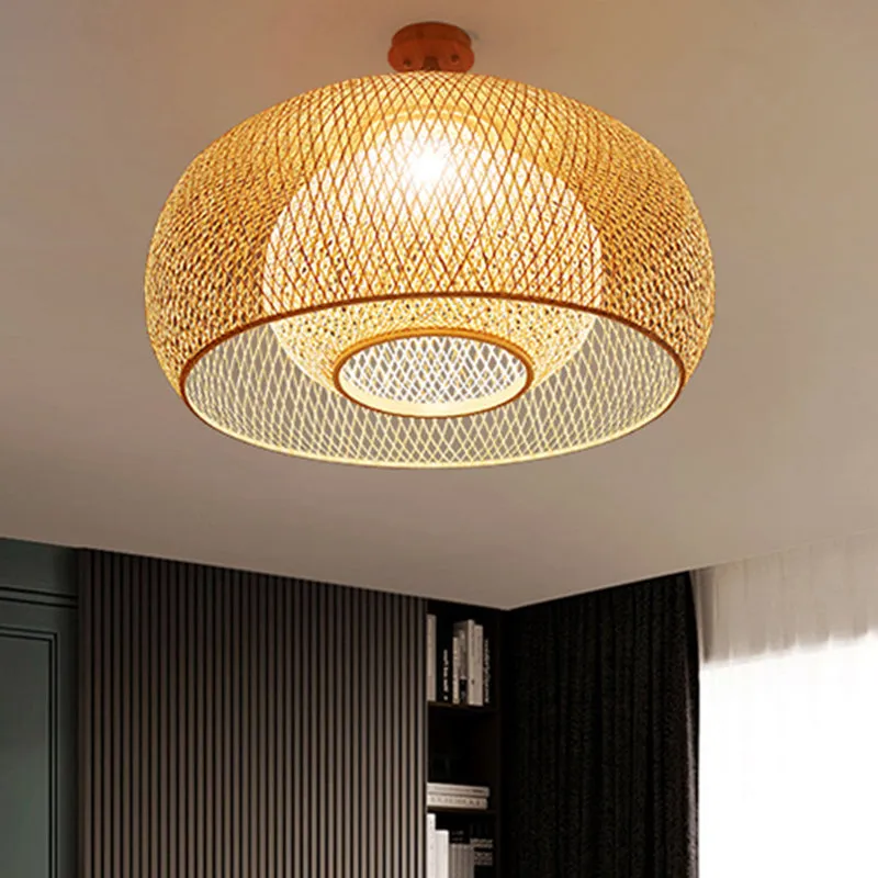 Bamboo Criss-Cross Ceiling Lamp: Asian Wood Flush Mount Light for Bedroom