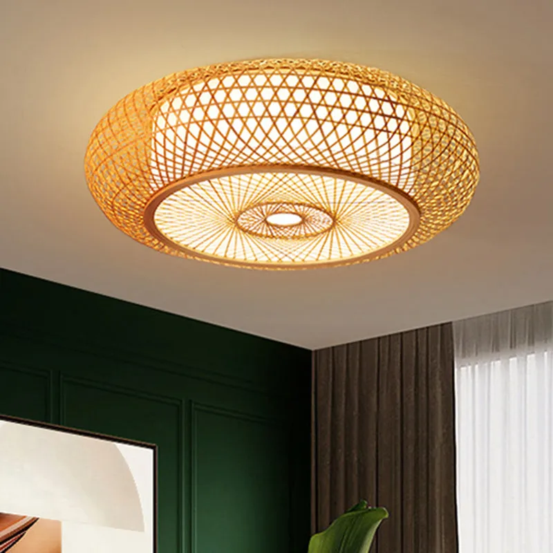 Bamboo Criss-Cross Ceiling Lamp: Asian Wood Flush Mount Light for Bedroom