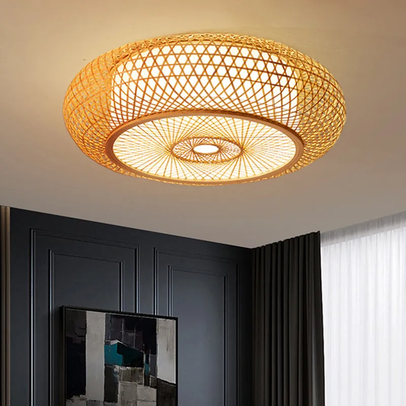 Bamboo Criss-Cross Ceiling Lamp: Asian Wood Flush Mount Light for Bedroom