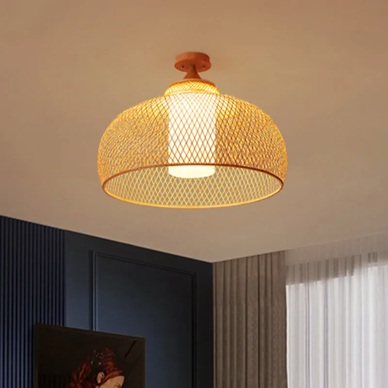 Bamboo Criss-Cross Ceiling Lamp: Asian Wood Flush Mount Light for Bedroom