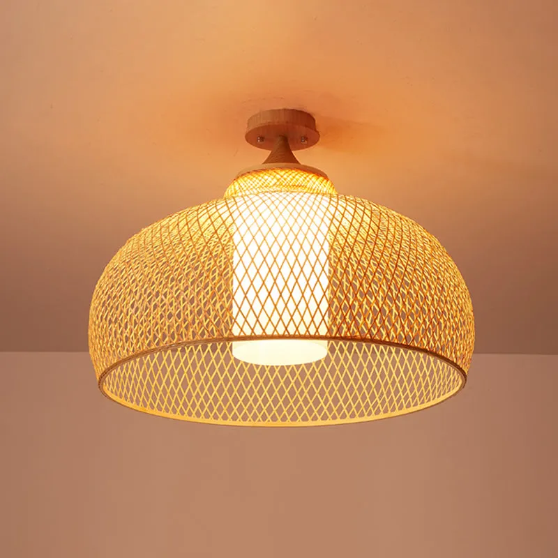 Bamboo Criss-Cross Ceiling Lamp: Asian Wood Flush Mount Light for Bedroom