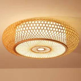 Bamboo Criss-Cross Ceiling Lamp: Asian Wood Flush Mount Light for Bedroom