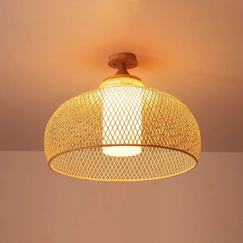 Bamboo Criss-Cross Ceiling Lamp: Asian Wood Flush Mount Light for Bedroom