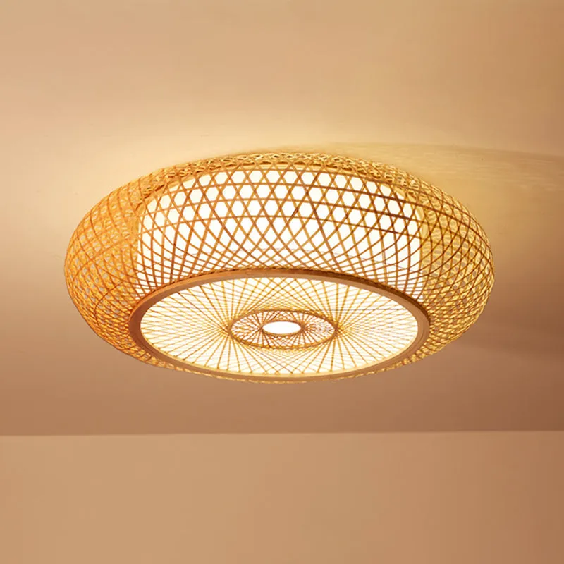 Bamboo Criss-Cross Ceiling Lamp: Asian Wood Flush Mount Light for Bedroom