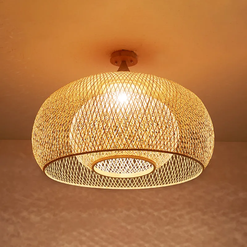 Bamboo Criss-Cross Ceiling Lamp: Asian Wood Flush Mount Light for Bedroom