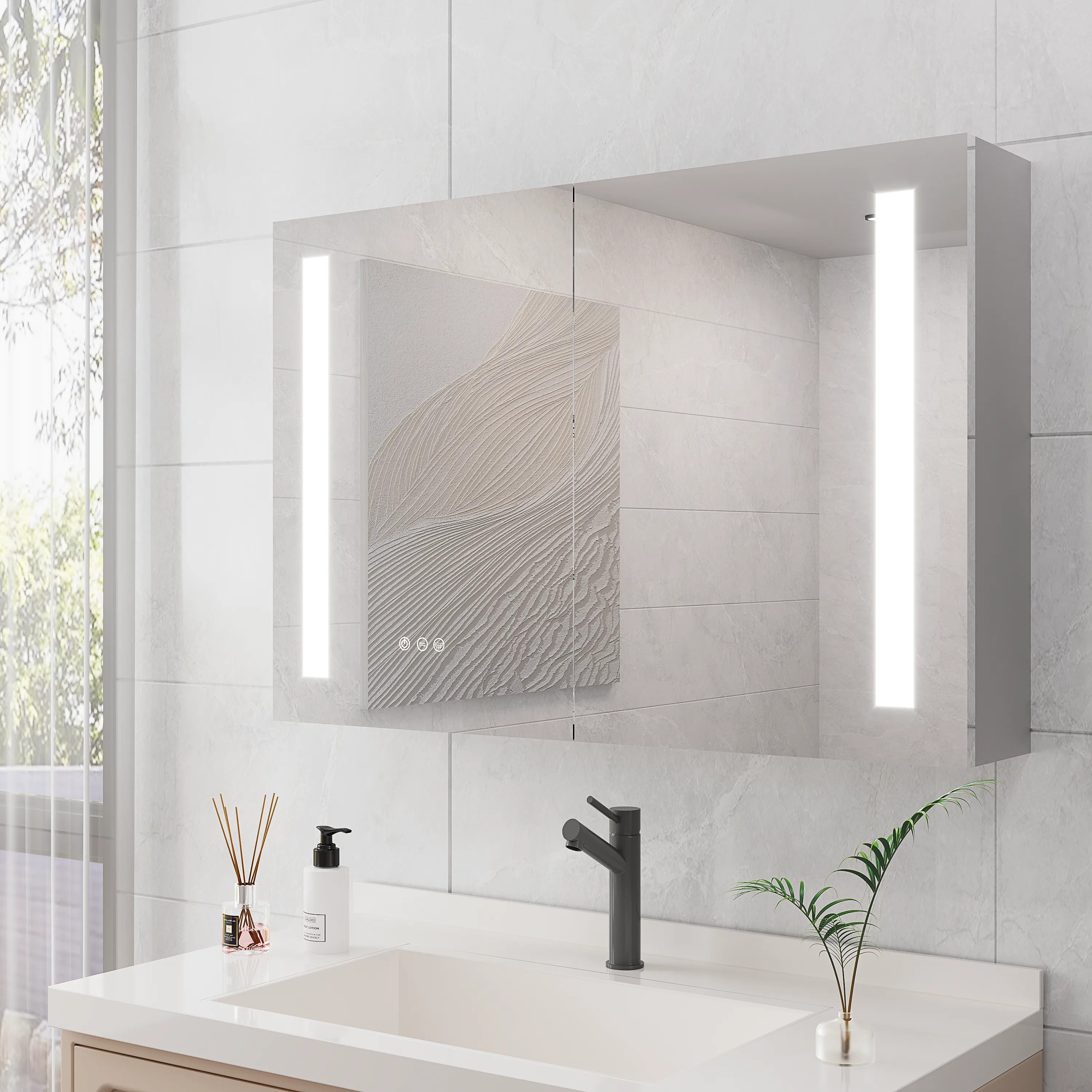Bathroom Medicine Cabinet with Lights, 36×24 Inch LED Medicine Cabinet with Mirror, Double Door Lighted Medicine Cabinet with Defogger, Dimmer, Surface Mount