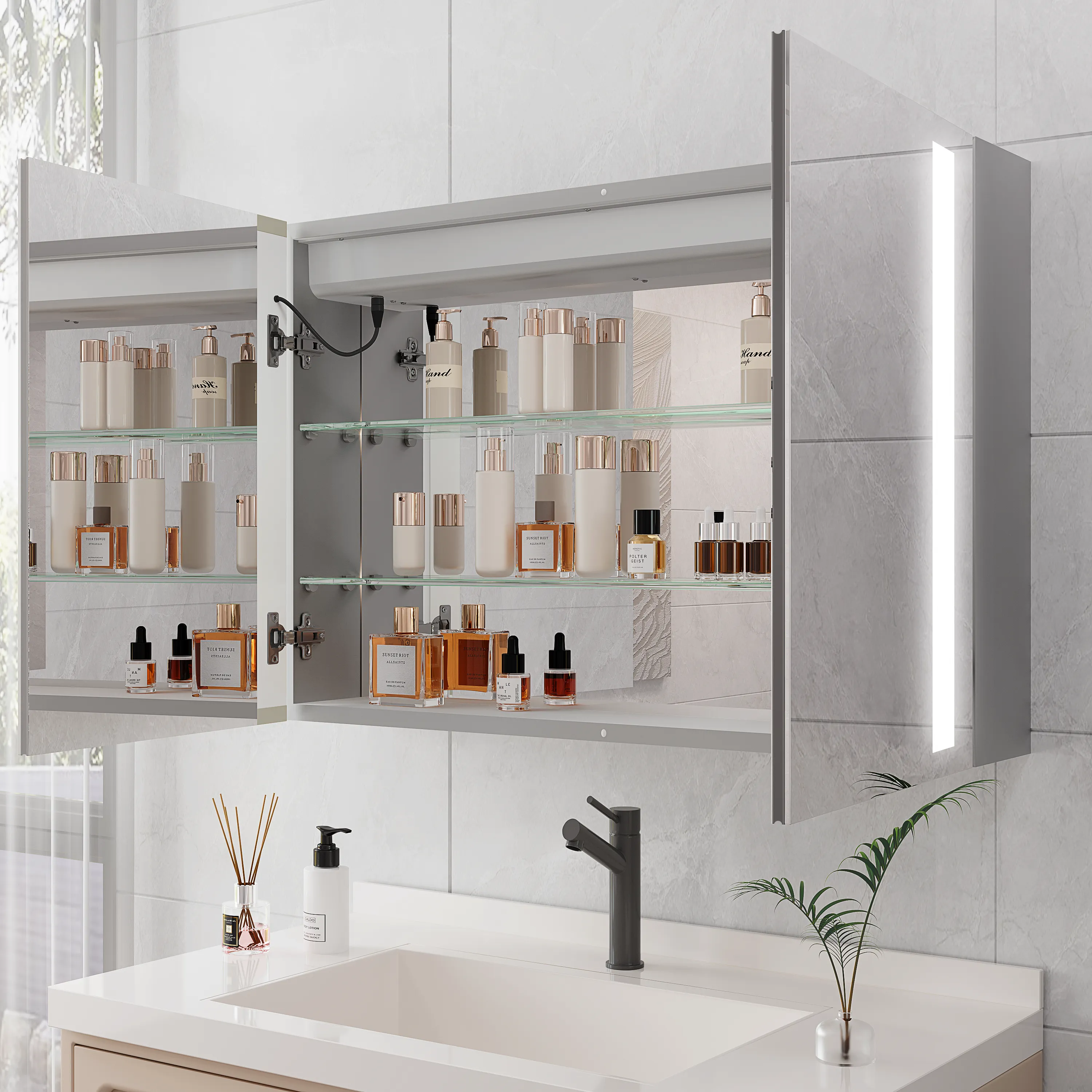 Bathroom Medicine Cabinet with Lights, 36×24 Inch LED Medicine Cabinet with Mirror, Double Door Lighted Medicine Cabinet with Defogger, Dimmer, Surface Mount