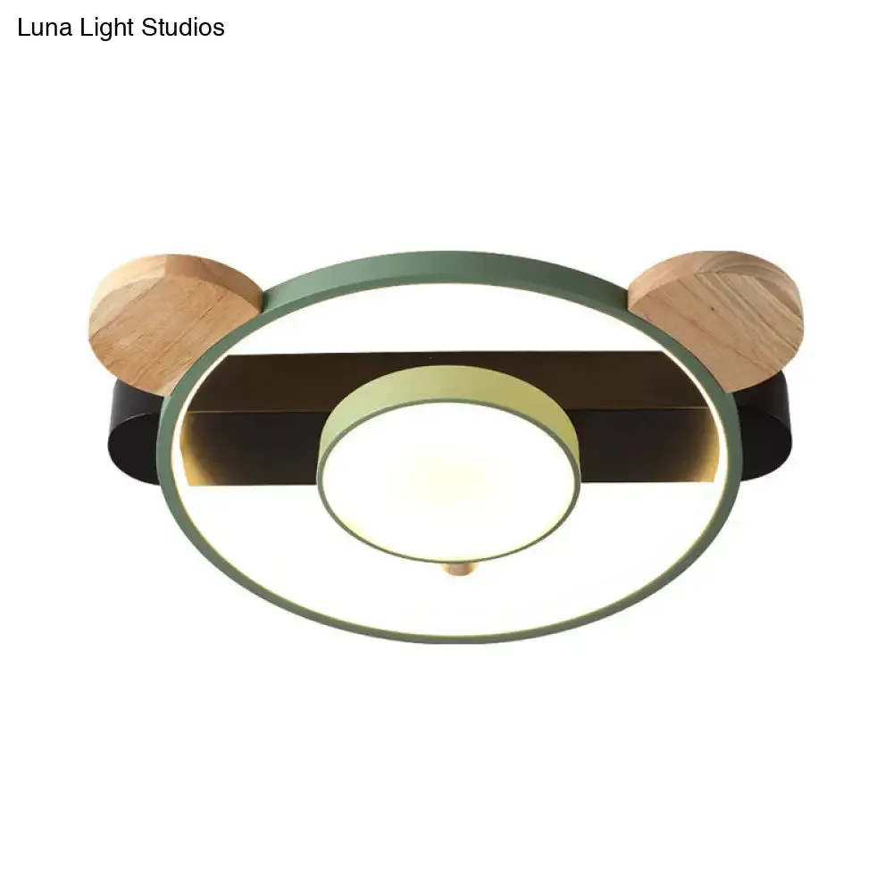 Bear Design Acrylic LED Ceiling Flush Light - Cartoon White/Green Wood Finish