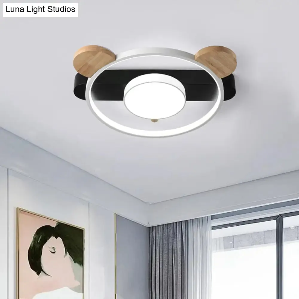 Bear Design Acrylic LED Ceiling Flush Light - Cartoon White/Green Wood Finish