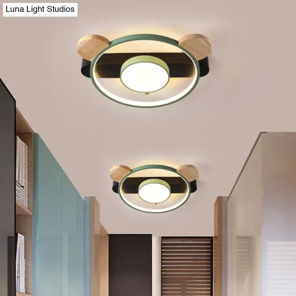 Bear Design Acrylic LED Ceiling Flush Light - Cartoon White/Green Wood Finish