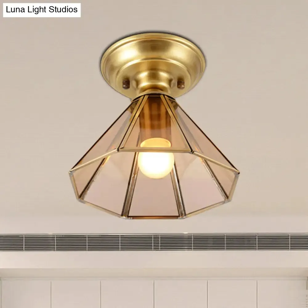 Beveled Glass Flush Mount Ceiling Light with Colonial Brass Cone Design