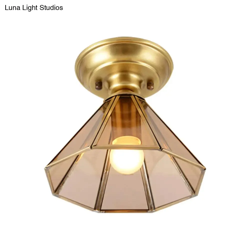 Beveled Glass Flush Mount Ceiling Light with Colonial Brass Cone Design