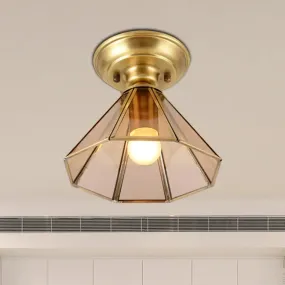 Beveled Glass Flush Mount Ceiling Light with Colonial Brass Cone Design