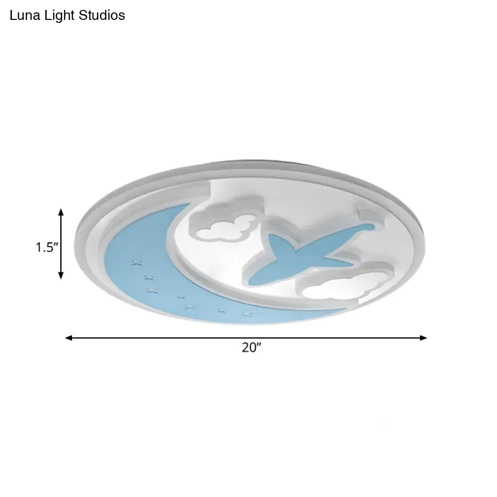 Blue and White LED Moon Ceiling Light with Carved Plane & Cloud Design