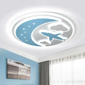 Blue and White LED Moon Ceiling Light with Carved Plane & Cloud Design