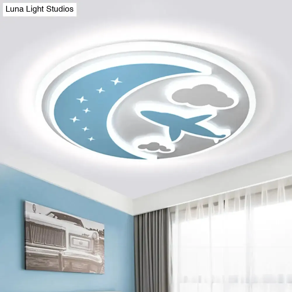 Blue and White LED Moon Ceiling Light with Carved Plane & Cloud Design