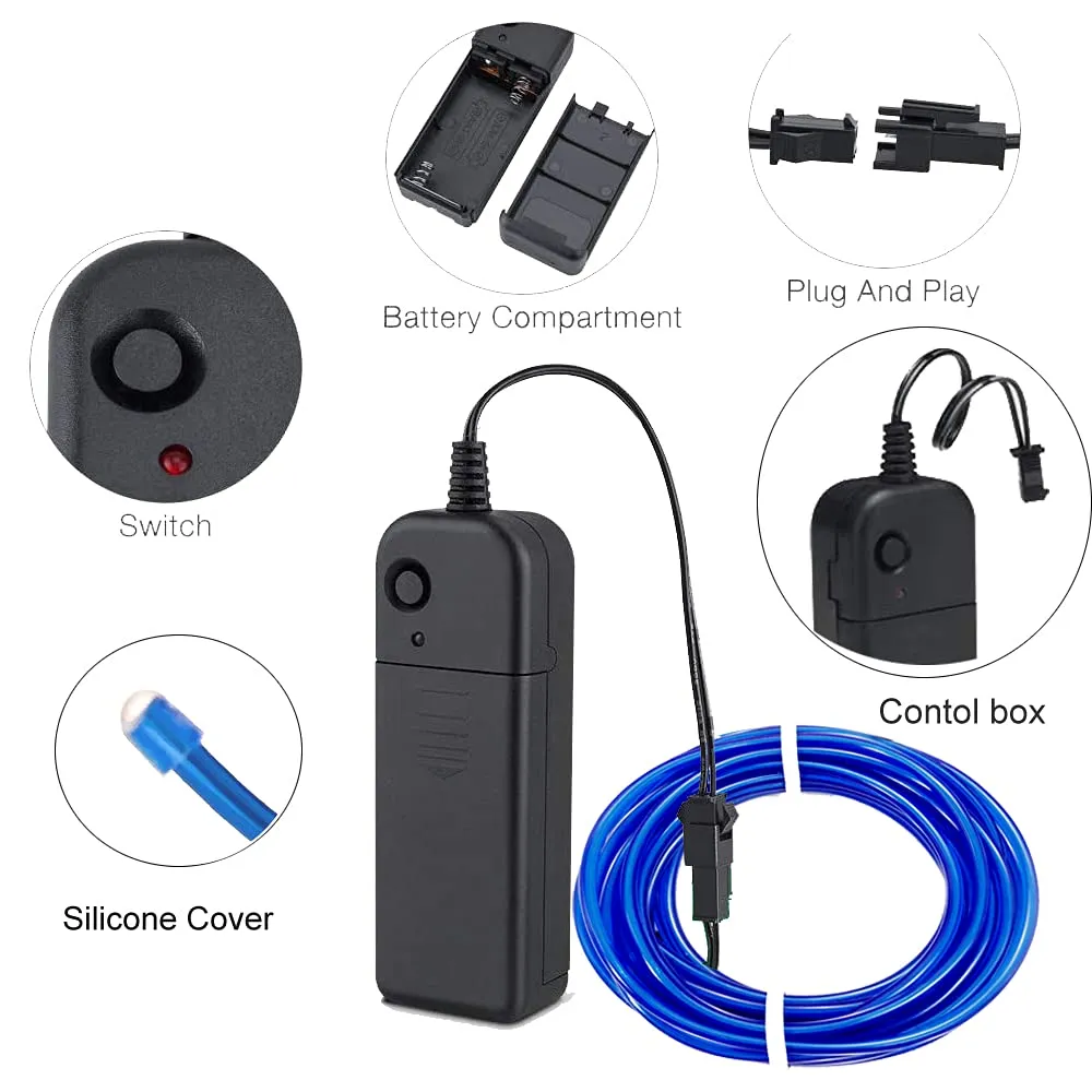 Blue Rope Lights Noise Reduction EL Wire LED Rope Light Wire 9.8ft/3m for Glow in the Dark Parties