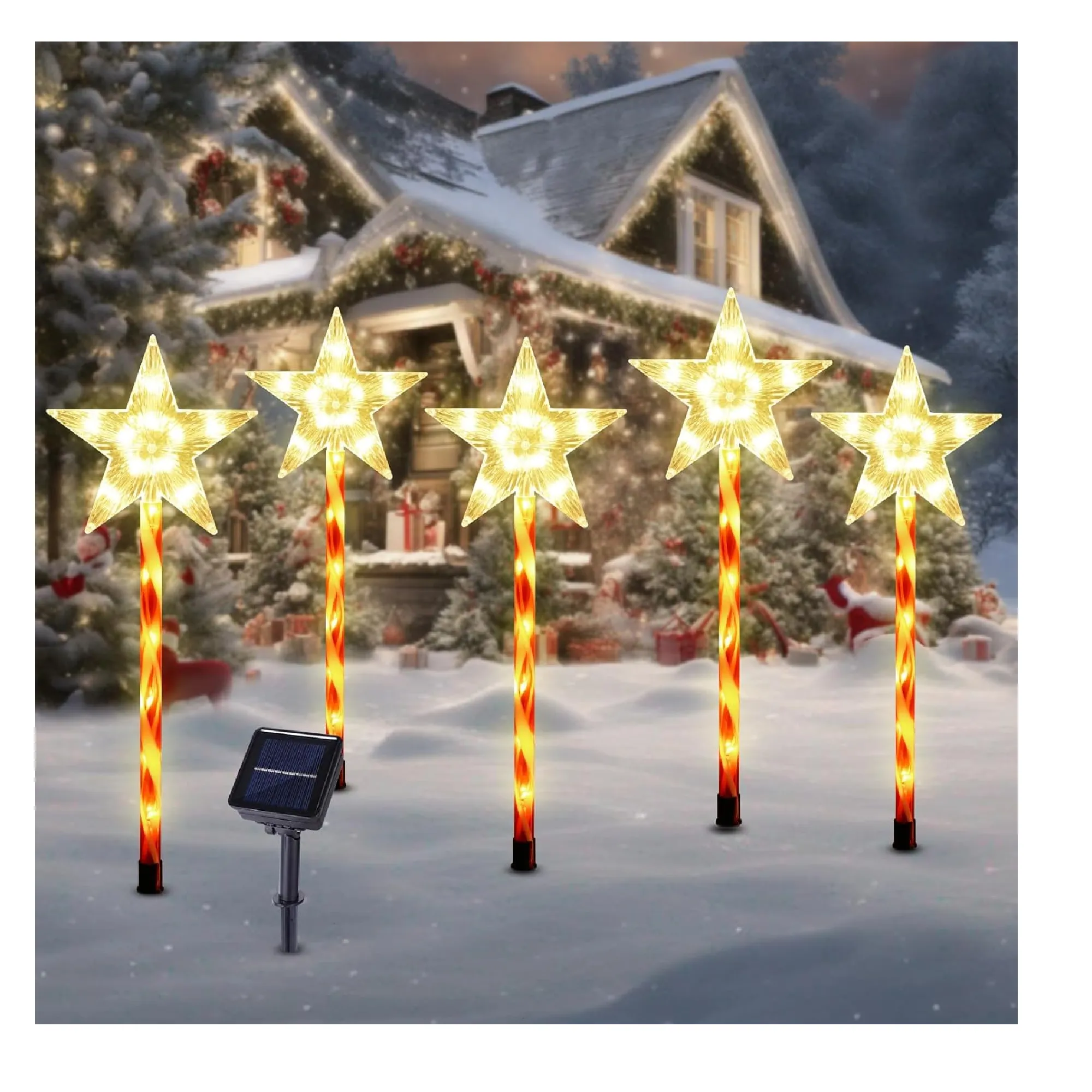 BRIGHTDEC Solar Christmas Pathway Lights Outdoor Decorations, 8 Modes Xmas Tree Candy Lights Waterproof Led Garden Stake Lights for Walkway Yard Porch Holiday Decor 5-Pack (Warm White Stars)