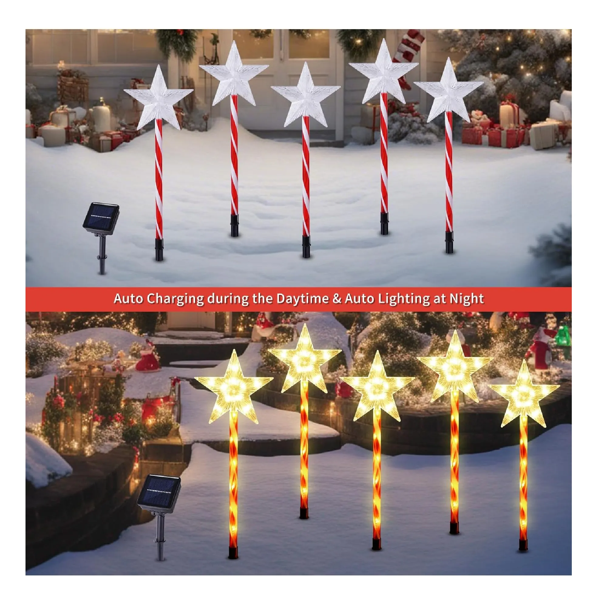 BRIGHTDEC Solar Christmas Pathway Lights Outdoor Decorations, 8 Modes Xmas Tree Candy Lights Waterproof Led Garden Stake Lights for Walkway Yard Porch Holiday Decor 5-Pack (Warm White Stars)