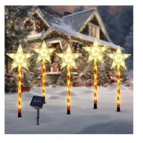 BRIGHTDEC Solar Christmas Pathway Lights Outdoor Decorations, 8 Modes Xmas Tree Candy Lights Waterproof Led Garden Stake Lights for Walkway Yard Porch Holiday Decor 5-Pack (Warm White Stars)