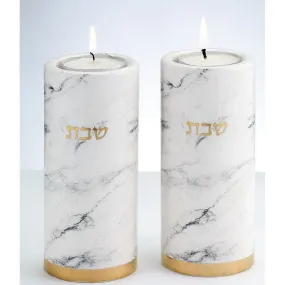 Ceramic Shabbat Candlesticks 5.5" Marble Design Gold Accents Set of 2