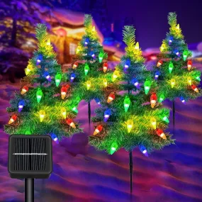 classic Christmas Decorations Outdoor 4 Pack Solar Christmas Tree with 80pcs Multi-Color C6 Snowflake Led Lights 8 Lighting Modes Waterproof Pathway Lights for Outside Garden and Yard Patio 6 Strawberry Lights