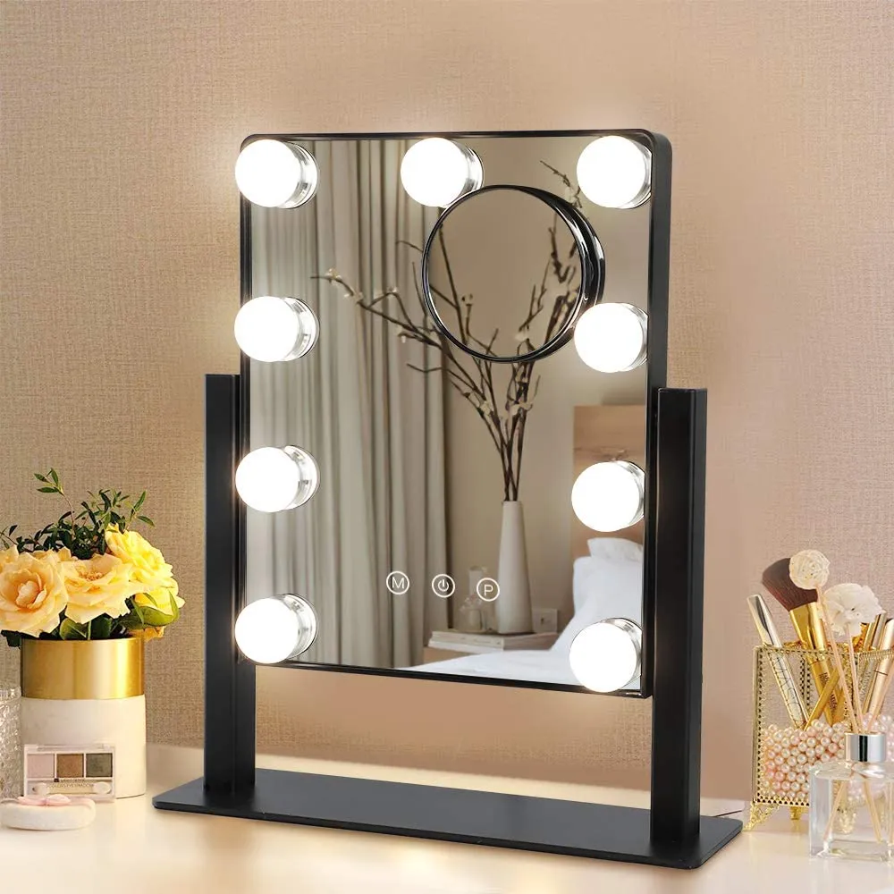 Depuley 14 x 12 In Hollywood Lighted Vanity Makeup Mirror with Lights 9 Dimmer Led Bulbs Smart Touch Control, 3 Color Lighting Modes, Detachable 10X Magnification 360°Rotation, 35 x 30 cm (Black)