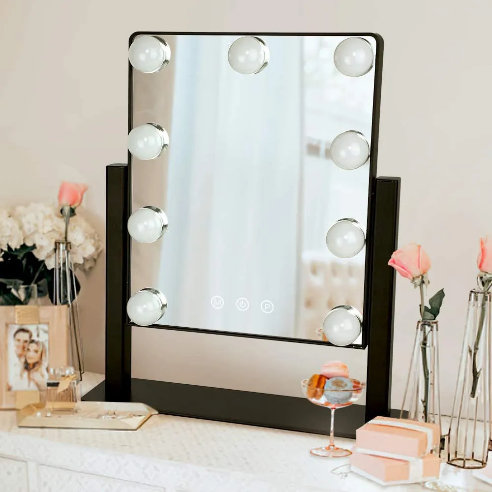 Depuley 14 x 12 In Hollywood Lighted Vanity Makeup Mirror with Lights 9 Dimmer Led Bulbs Smart Touch Control, 3 Color Lighting Modes, Detachable 10X Magnification 360°Rotation, 35 x 30 cm (Black)