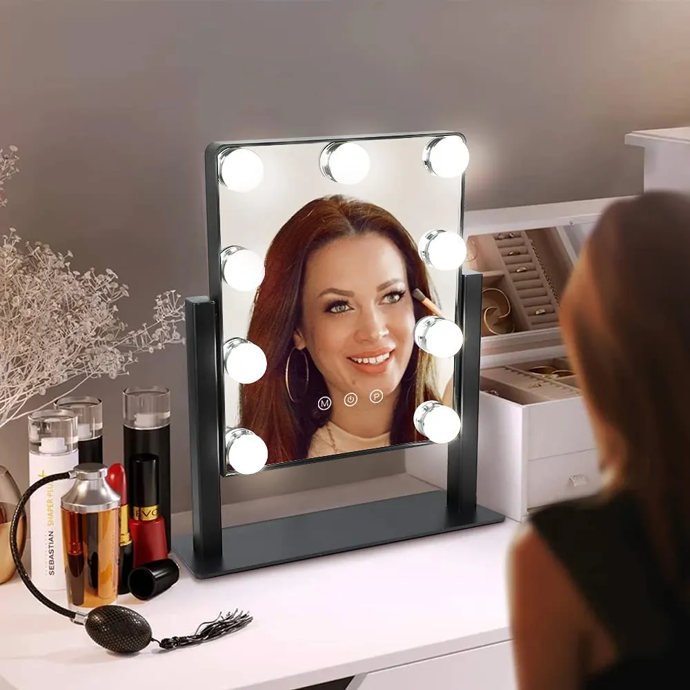 Depuley 14 x 12 In Hollywood Lighted Vanity Makeup Mirror with Lights 9 Dimmer Led Bulbs Smart Touch Control, 3 Color Lighting Modes, Detachable 10X Magnification 360°Rotation, 35 x 30 cm (Black)