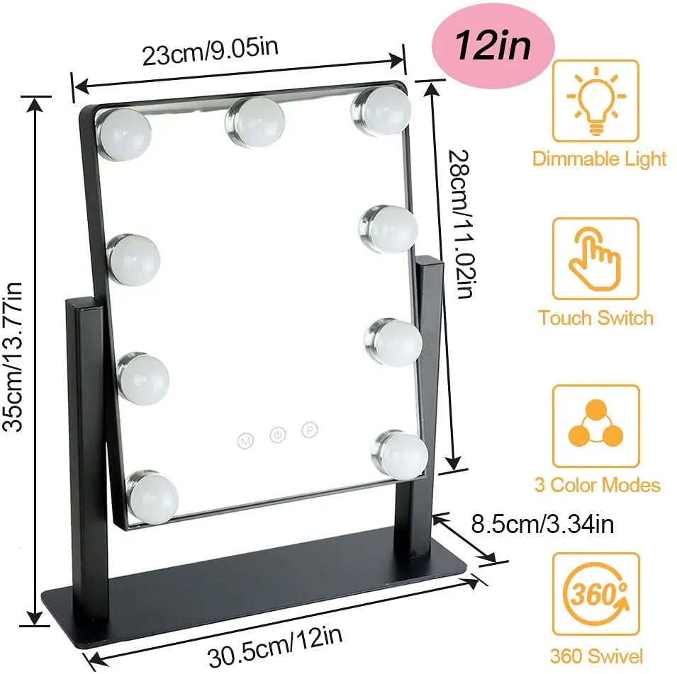Depuley 14 x 12 In Hollywood Lighted Vanity Makeup Mirror with Lights 9 Dimmer Led Bulbs Smart Touch Control, 3 Color Lighting Modes, Detachable 10X Magnification 360°Rotation, 35 x 30 cm (Black)