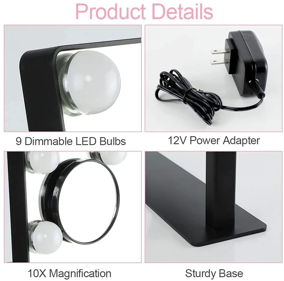Depuley 14 x 12 In Hollywood Lighted Vanity Makeup Mirror with Lights 9 Dimmer Led Bulbs Smart Touch Control, 3 Color Lighting Modes, Detachable 10X Magnification 360°Rotation, 35 x 30 cm (Black)