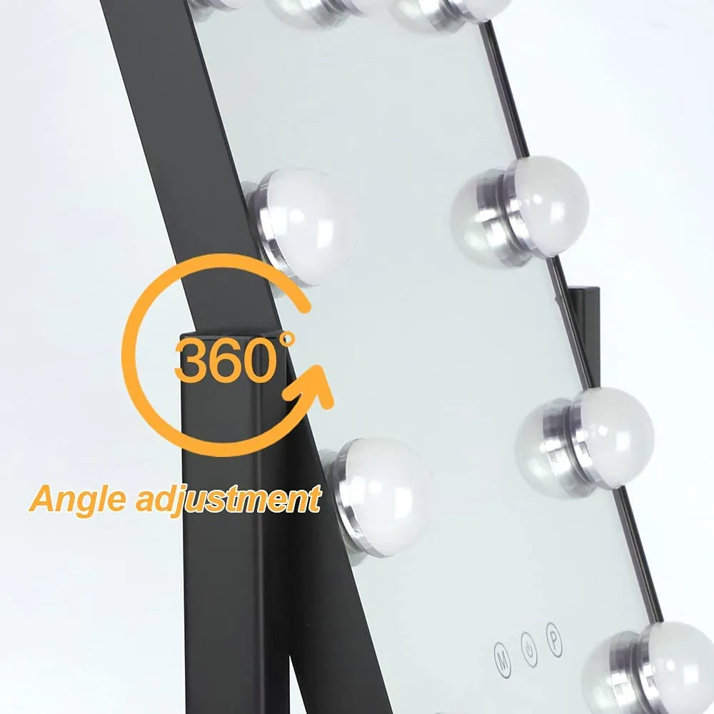 Depuley 14 x 12 In Hollywood Lighted Vanity Makeup Mirror with Lights 9 Dimmer Led Bulbs Smart Touch Control, 3 Color Lighting Modes, Detachable 10X Magnification 360°Rotation, 35 x 30 cm (Black)