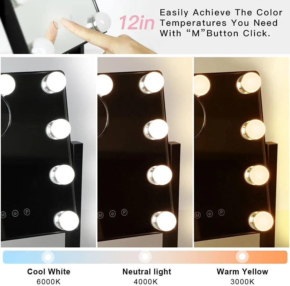 Depuley 14 x 12 In Hollywood Lighted Vanity Makeup Mirror with Lights 9 Dimmer Led Bulbs Smart Touch Control, 3 Color Lighting Modes, Detachable 10X Magnification 360°Rotation, 35 x 30 cm (Black)
