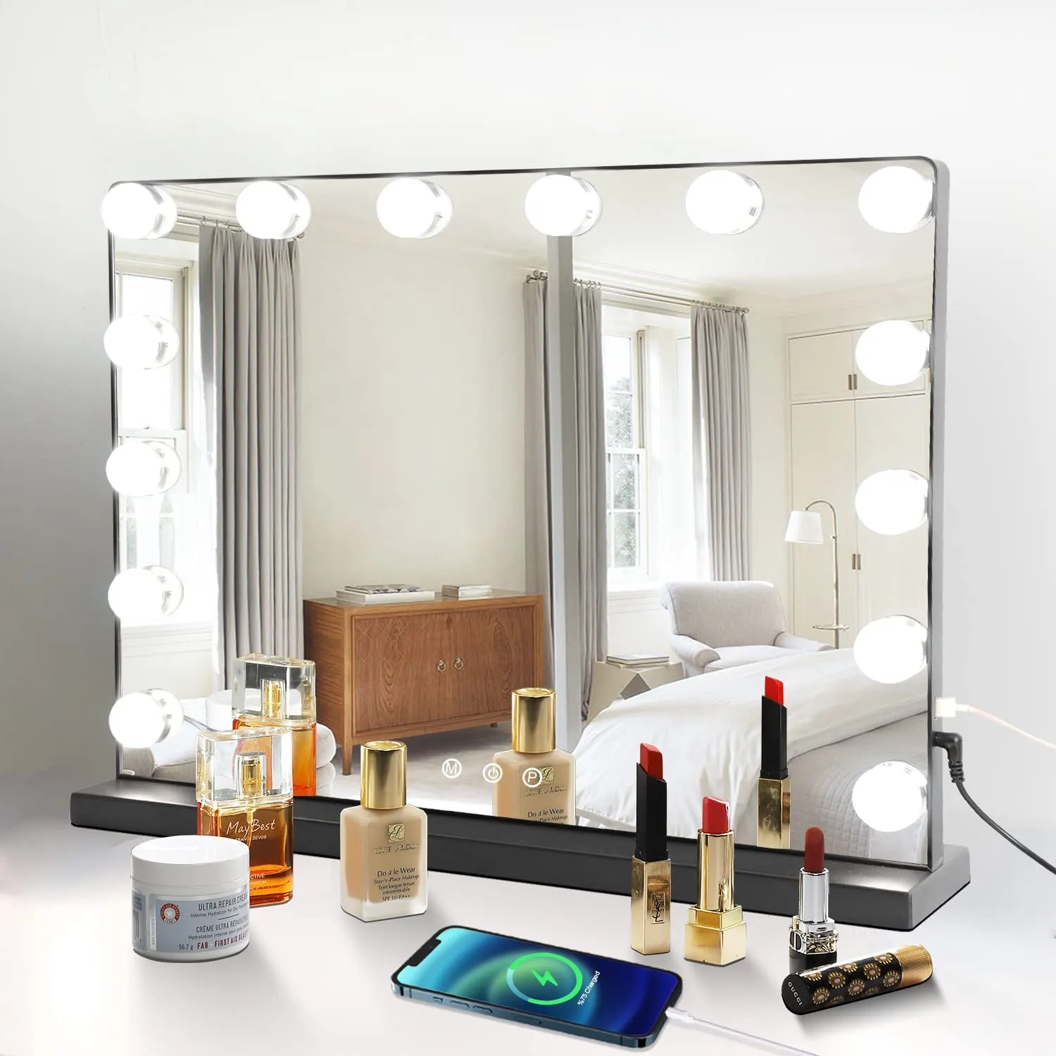 Depuley 20 x 16 In Hollywood Makeup Mirror with Lights, Lighted Vanity Mirror with 14 Dimmable LED Bulbs, 3 Colour Lighting Modes Cosmetic Mirror with USB Charging, Detachable 10X Magnifying Mirror, Plug Power 50 x 40 cm
