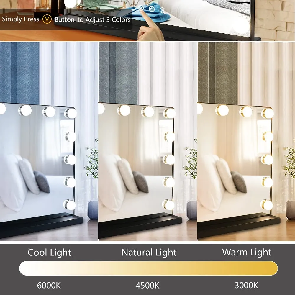 Depuley 20 x 16 In Hollywood Makeup Mirror with Lights, Lighted Vanity Mirror with 14 Dimmable LED Bulbs, 3 Colour Lighting Modes Cosmetic Mirror with USB Charging, Detachable 10X Magnifying Mirror, Plug Power 50 x 40 cm