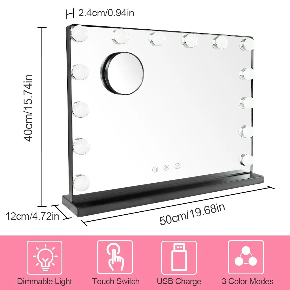 Depuley 20 x 16 In Hollywood Makeup Mirror with Lights, Lighted Vanity Mirror with 14 Dimmable LED Bulbs, 3 Colour Lighting Modes Cosmetic Mirror with USB Charging, Detachable 10X Magnifying Mirror, Plug Power 50 x 40 cm